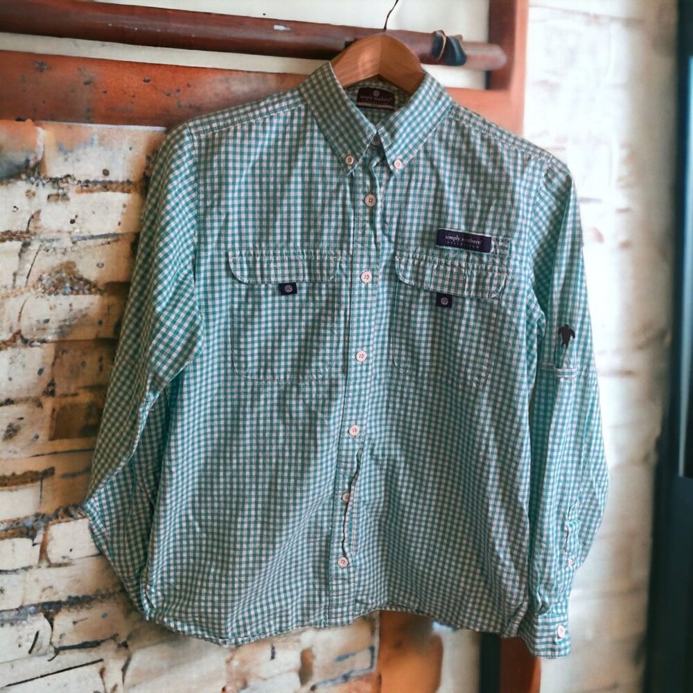 Simply Southern Gingham Collared Button Down Shirt Mens Small Green